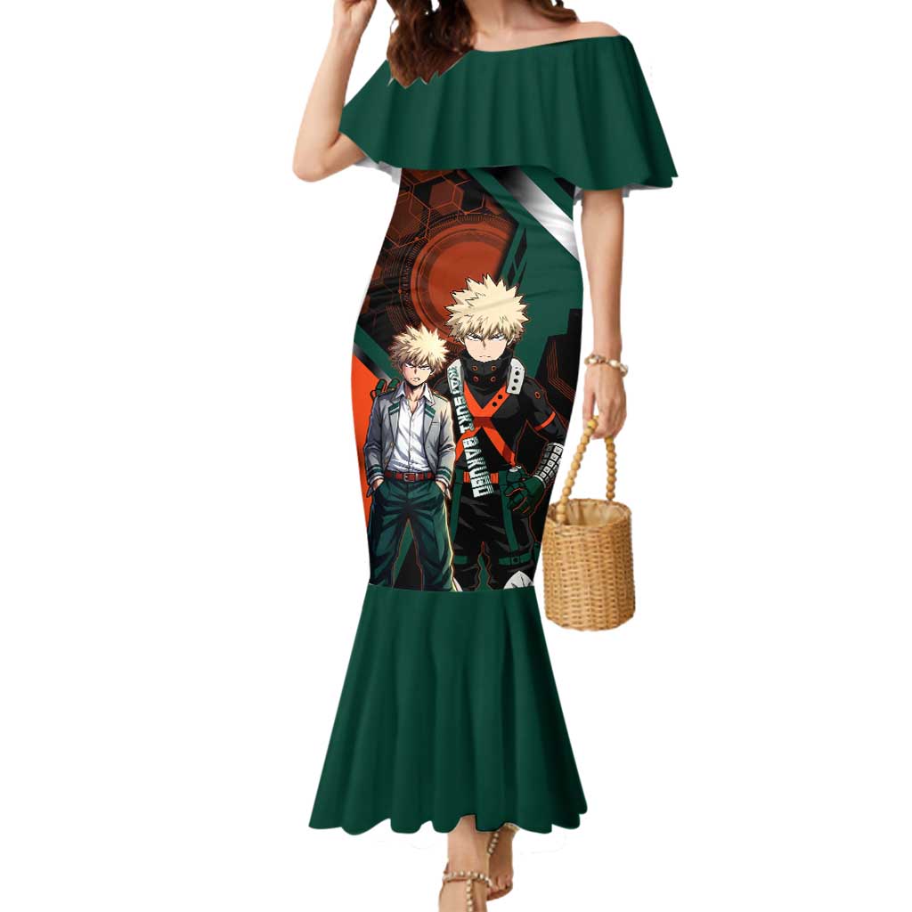 Katsuki Bakugo Mermaid Dress Explosive Anime Action Illustration with Fiery Combat Effects