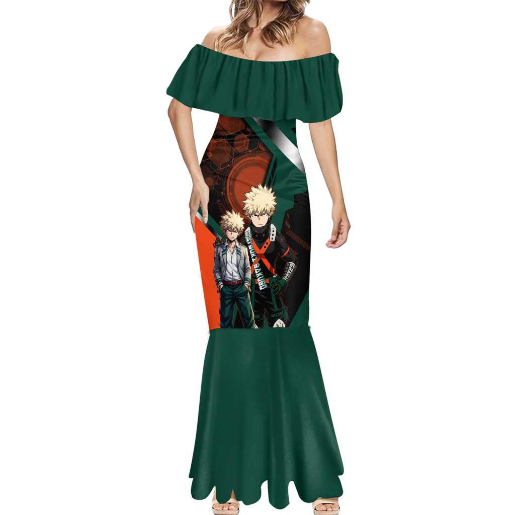 Katsuki Bakugo Mermaid Dress Explosive Anime Action Illustration with Fiery Combat Effects