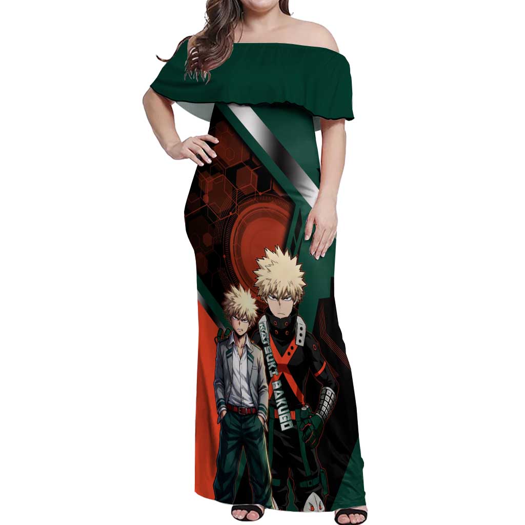 Katsuki Bakugo Off Shoulder Maxi Dress Explosive Anime Action Illustration with Fiery Combat Effects