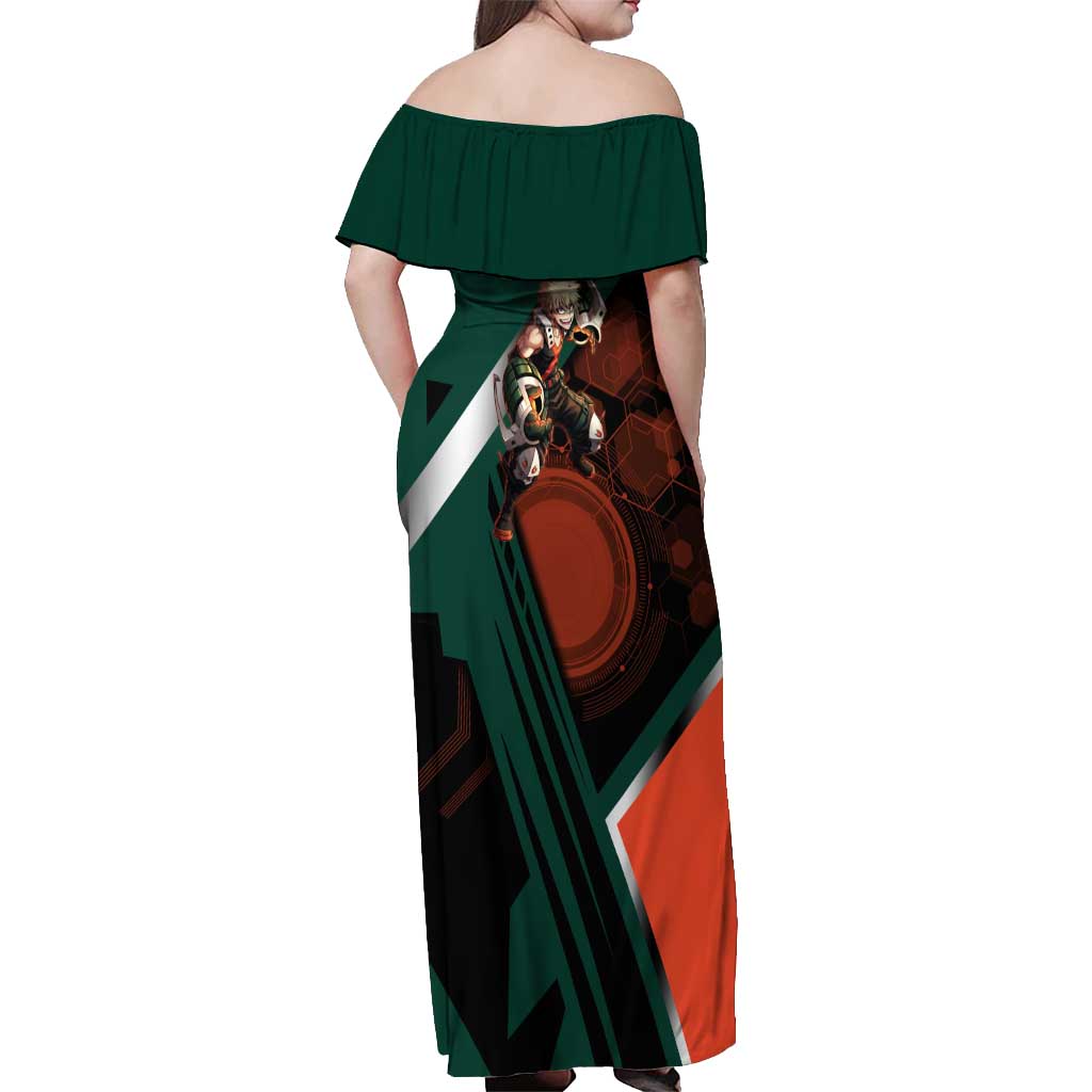 Katsuki Bakugo Off Shoulder Maxi Dress Explosive Anime Action Illustration with Fiery Combat Effects