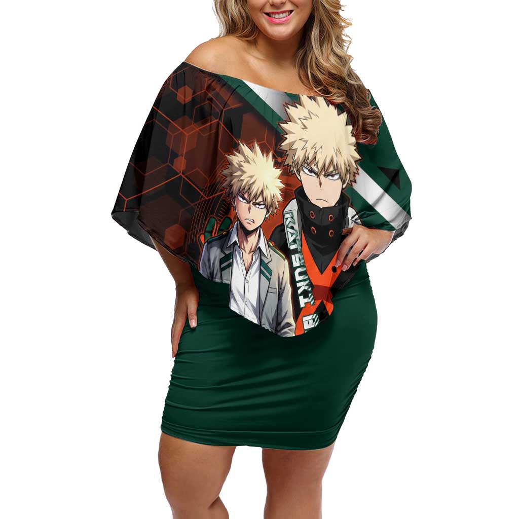 Katsuki Bakugo Off Shoulder Short Dress Explosive Anime Action Illustration with Fiery Combat Effects