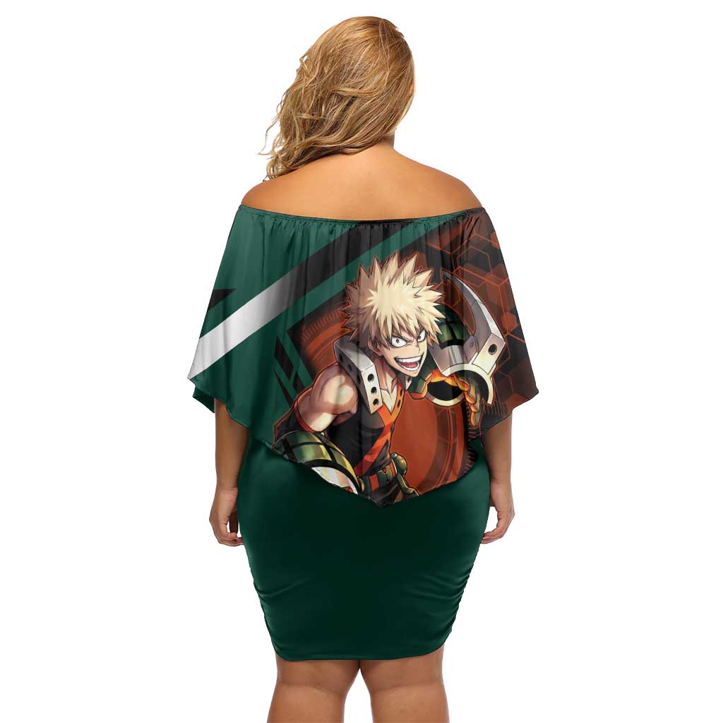 Katsuki Bakugo Off Shoulder Short Dress Explosive Anime Action Illustration with Fiery Combat Effects