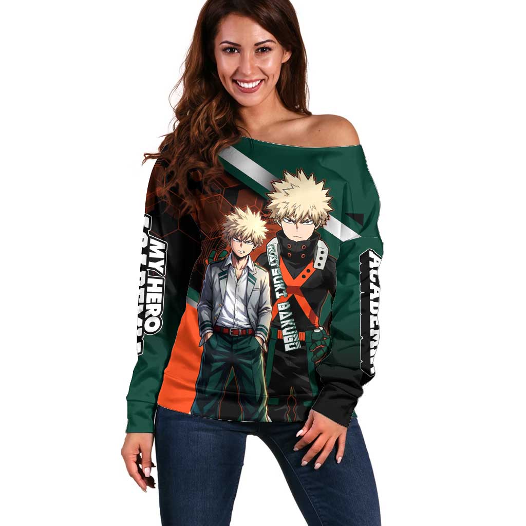 Katsuki Bakugo Off Shoulder Sweater Explosive Anime Action Illustration with Fiery Combat Effects