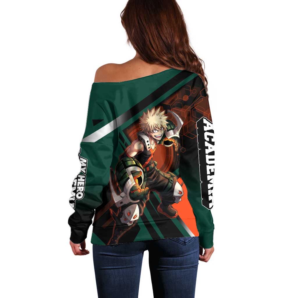 Katsuki Bakugo Off Shoulder Sweater Explosive Anime Action Illustration with Fiery Combat Effects