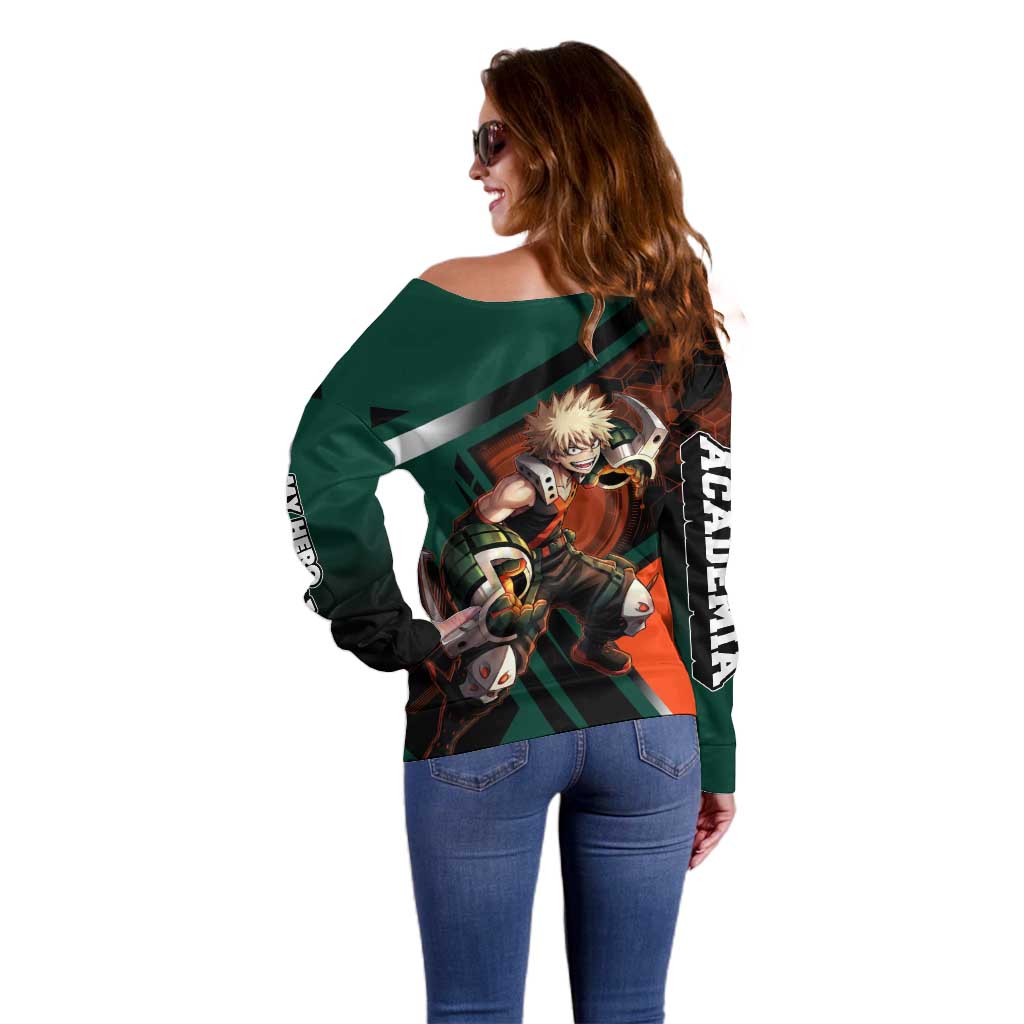 Katsuki Bakugo Off Shoulder Sweater Explosive Anime Action Illustration with Fiery Combat Effects