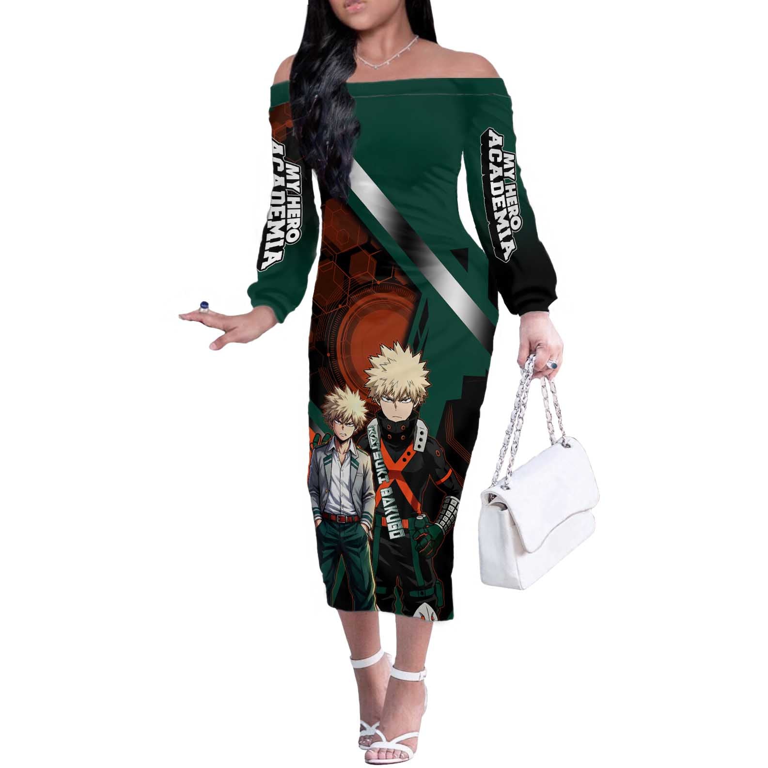 Katsuki Bakugo Off The Shoulder Long Sleeve Dress Explosive Anime Action Illustration with Fiery Combat Effects