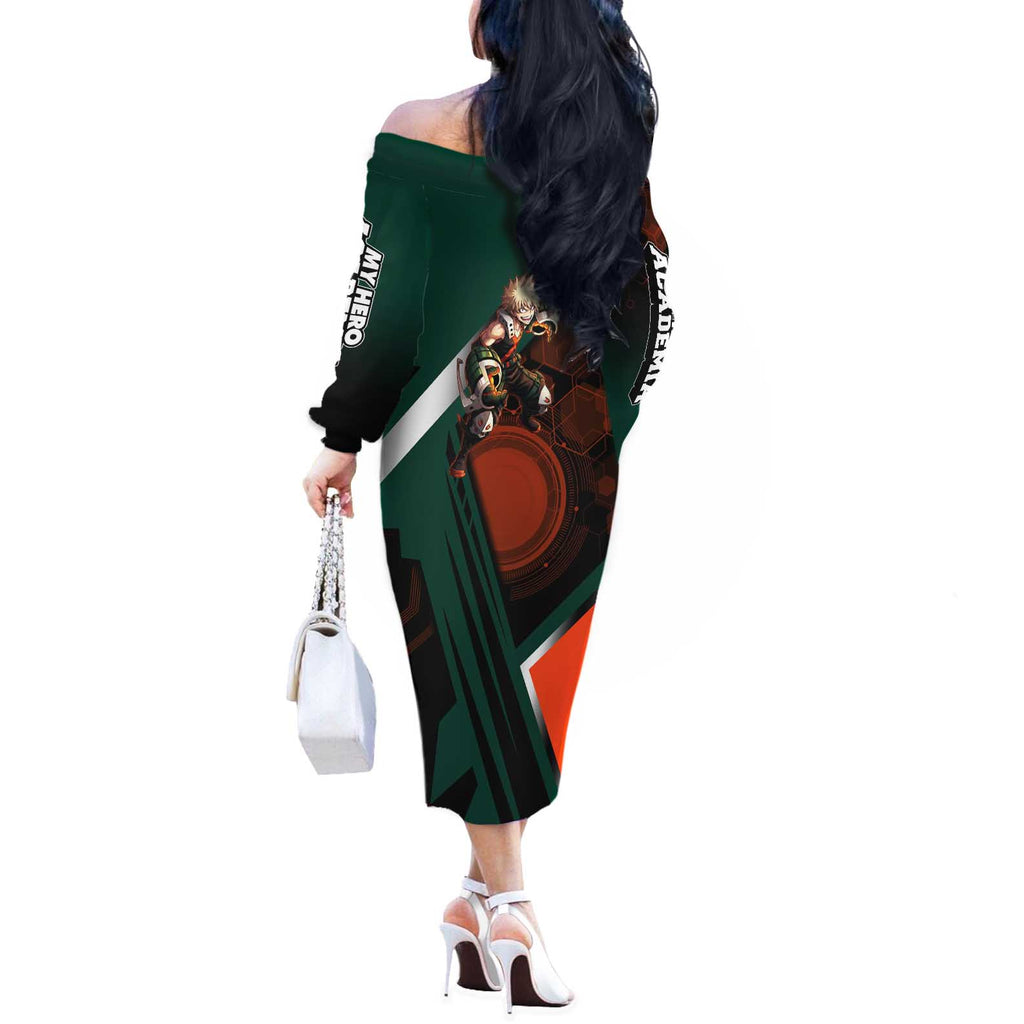 Katsuki Bakugo Off The Shoulder Long Sleeve Dress Explosive Anime Action Illustration with Fiery Combat Effects