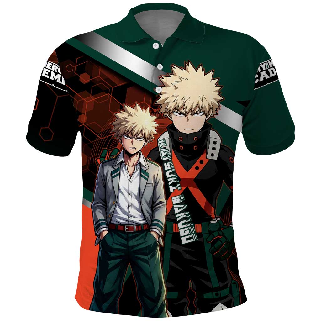 Katsuki Bakugo Polo Shirt Explosive Anime Action Illustration with Fiery Combat Effects