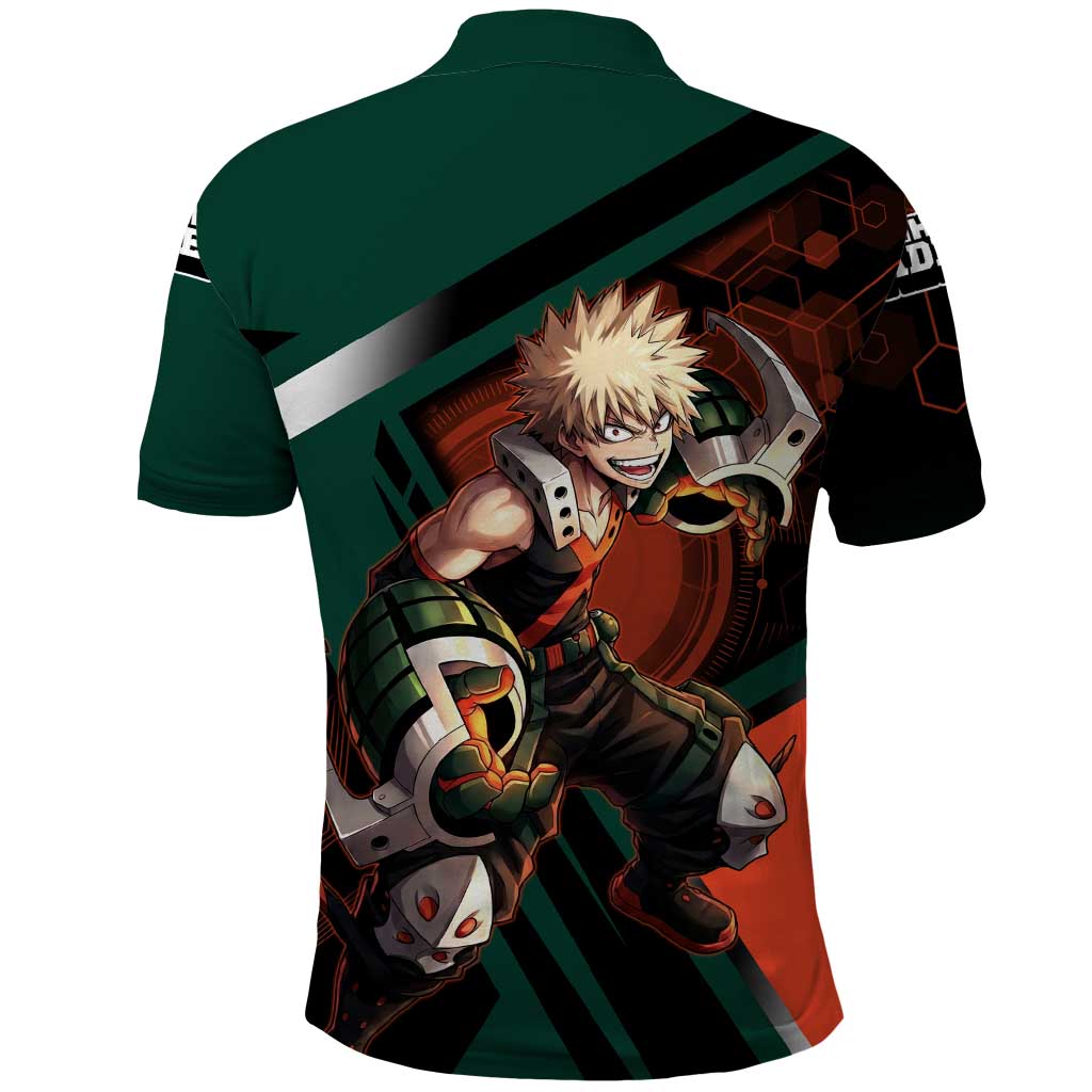 Katsuki Bakugo Polo Shirt Explosive Anime Action Illustration with Fiery Combat Effects