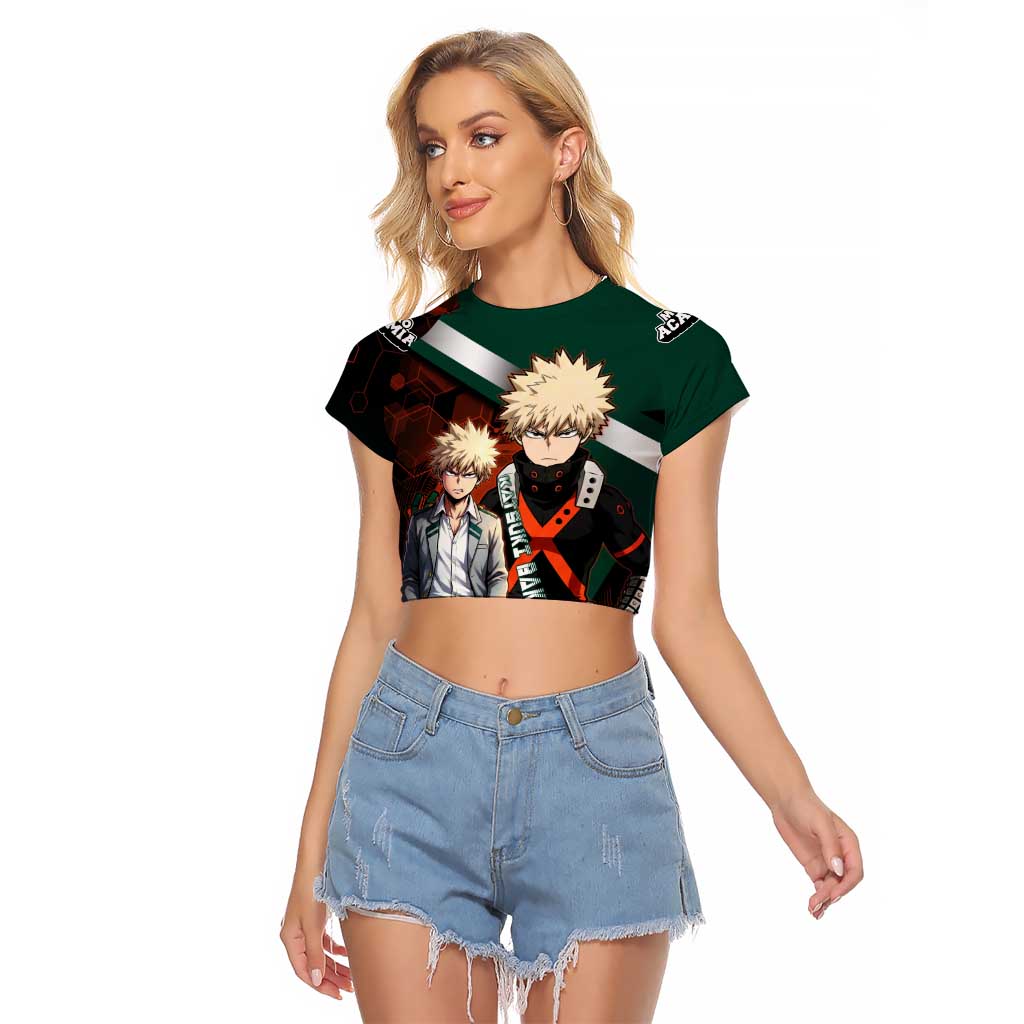 Katsuki Bakugo Raglan Cropped T Shirt Explosive Anime Action Illustration with Fiery Combat Effects