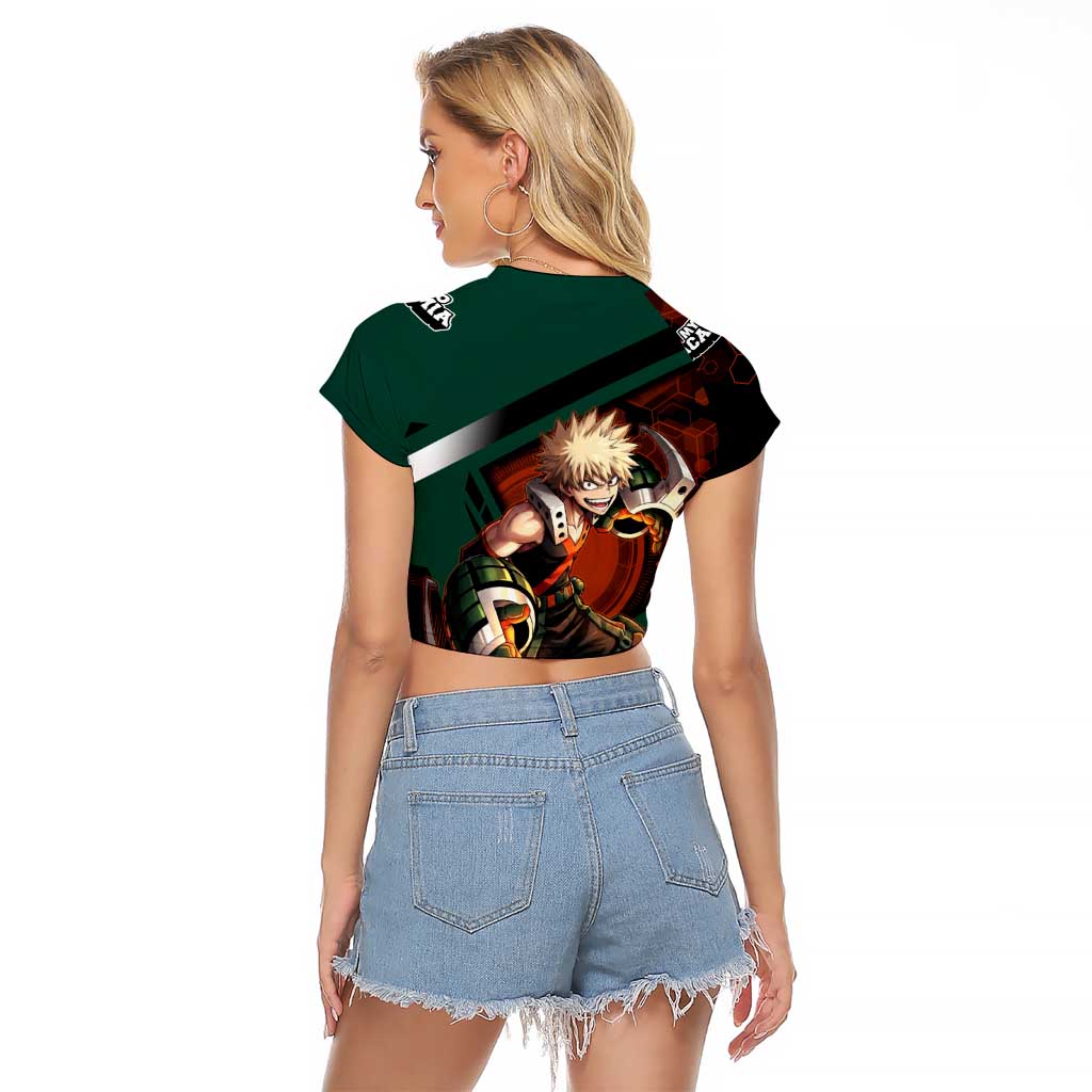 Katsuki Bakugo Raglan Cropped T Shirt Explosive Anime Action Illustration with Fiery Combat Effects