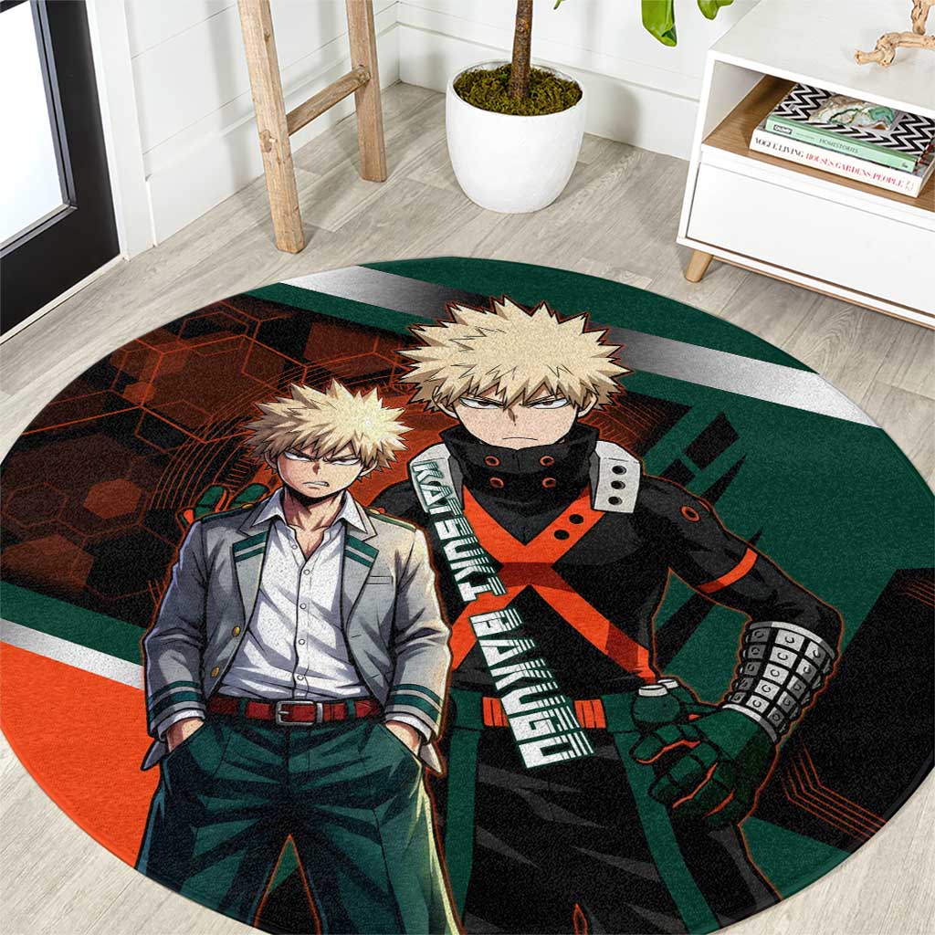 Katsuki Bakugo Round Carpet Explosive Anime Action Illustration with Fiery Combat Effects