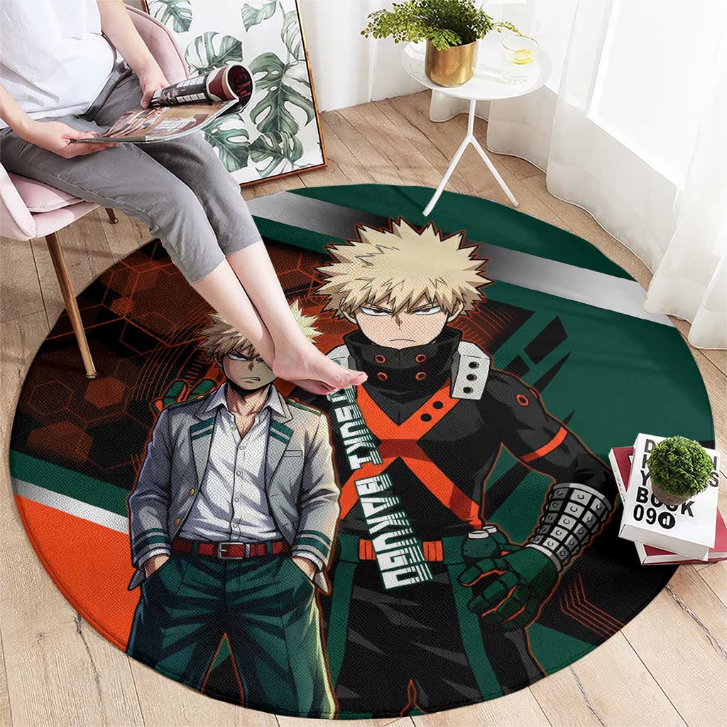 Katsuki Bakugo Round Carpet Explosive Anime Action Illustration with Fiery Combat Effects