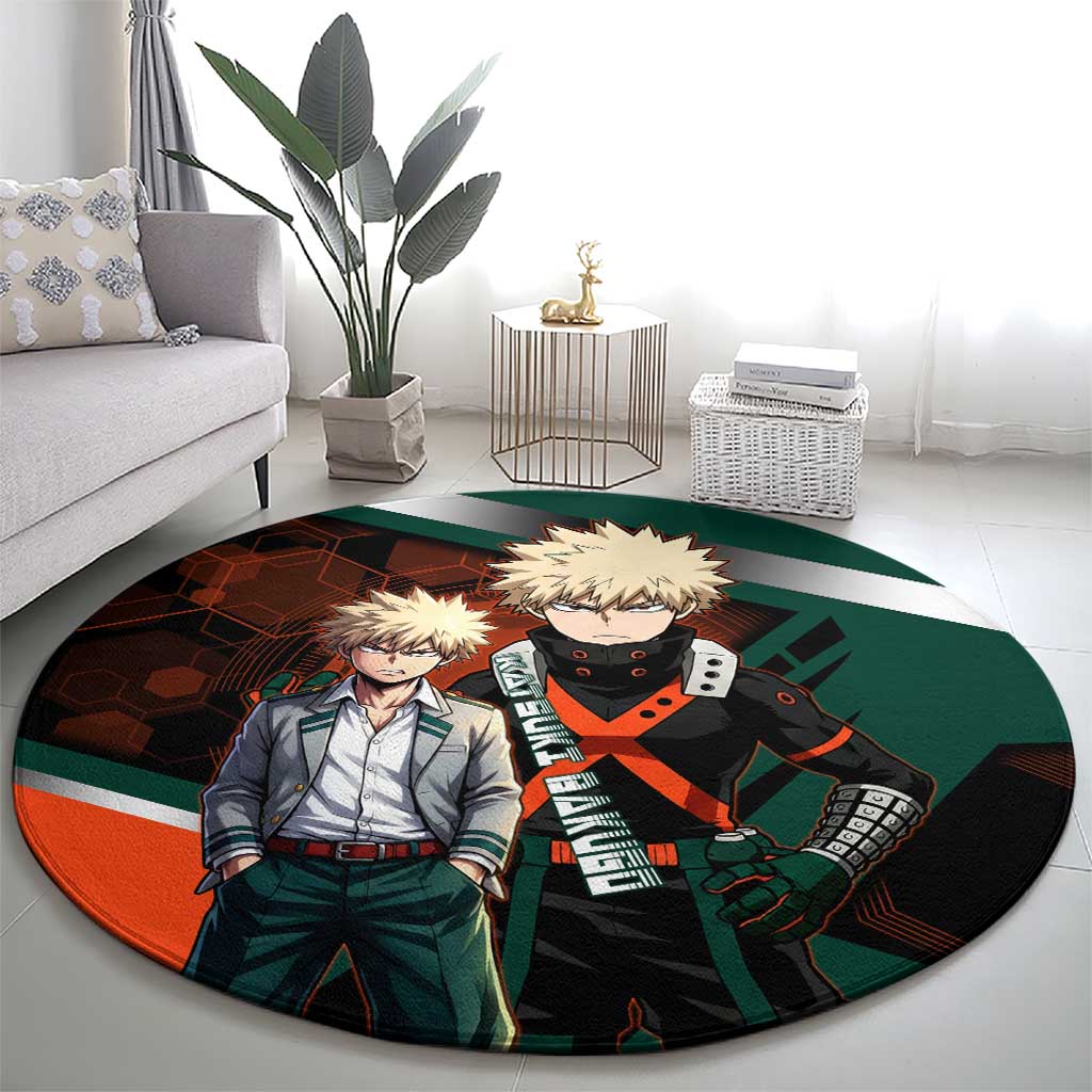 Katsuki Bakugo Round Carpet Explosive Anime Action Illustration with Fiery Combat Effects