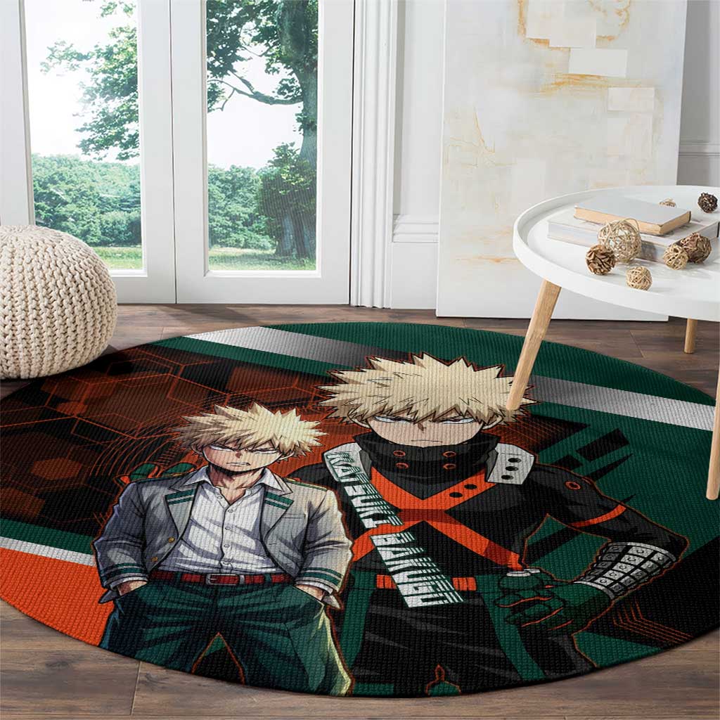 Katsuki Bakugo Round Carpet Explosive Anime Action Illustration with Fiery Combat Effects