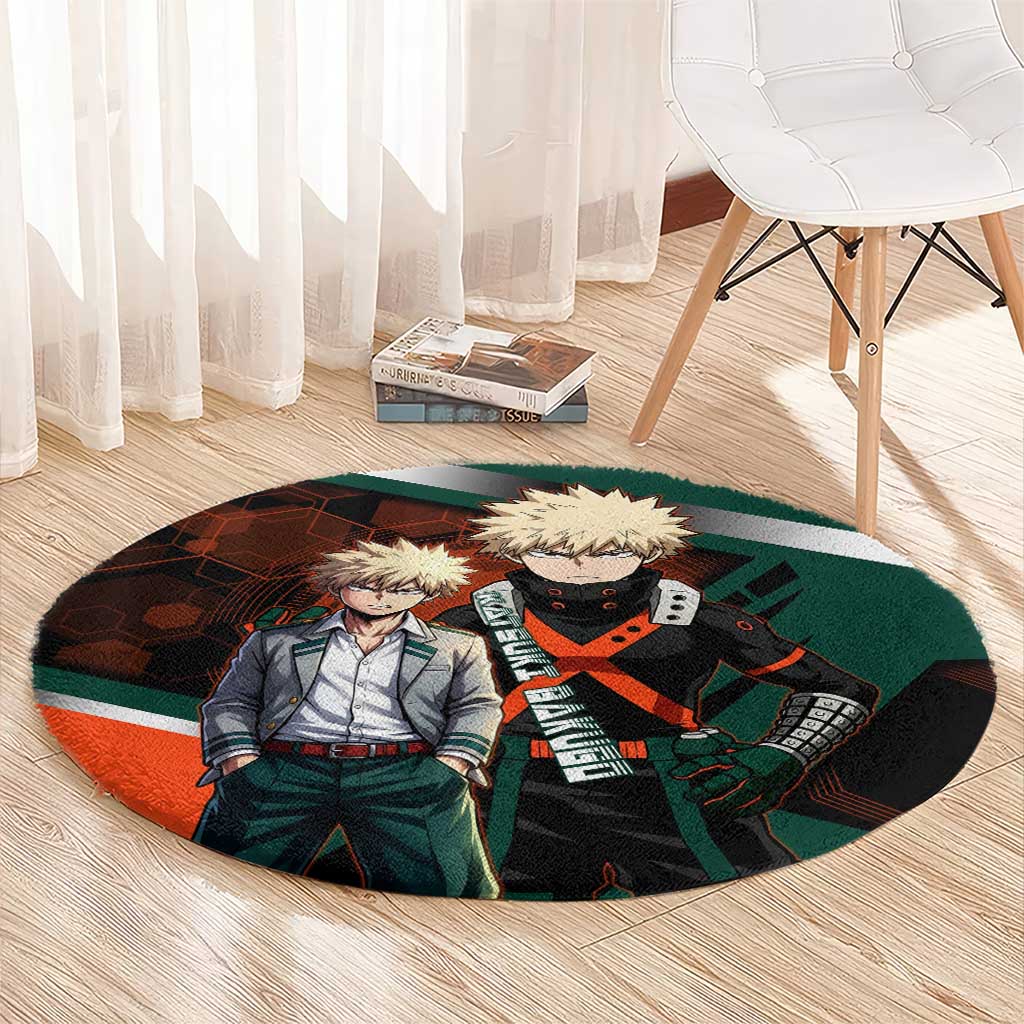 Katsuki Bakugo Round Carpet Explosive Anime Action Illustration with Fiery Combat Effects