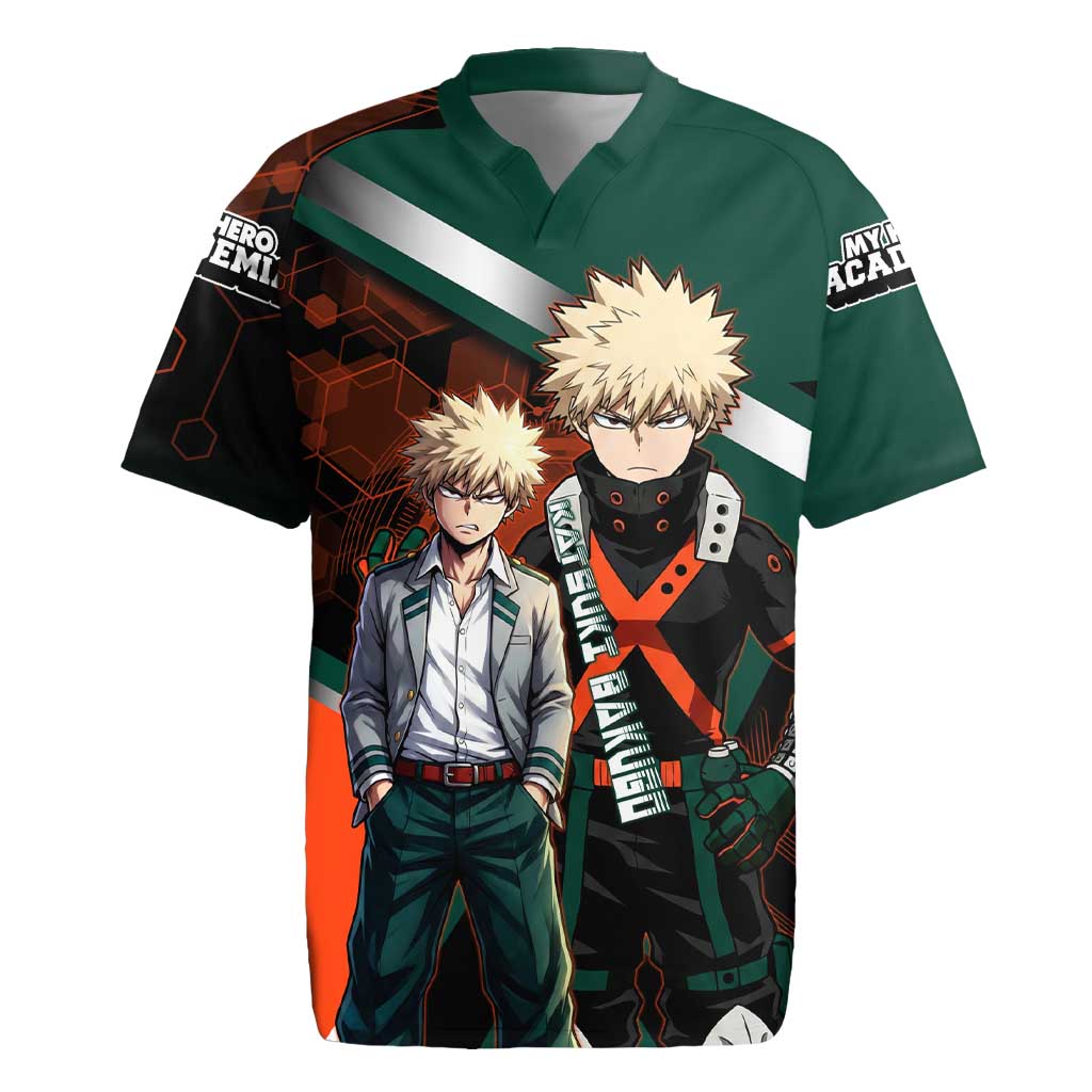Katsuki Bakugo Rugby Jersey Explosive Anime Action Illustration with Fiery Combat Effects