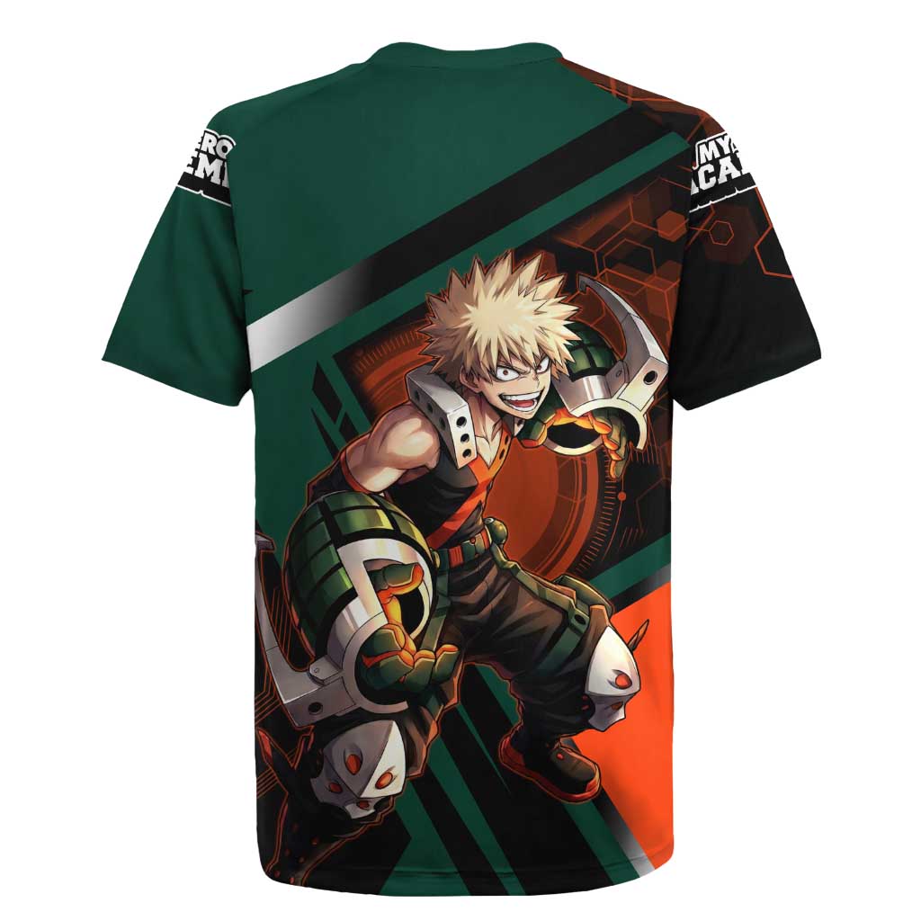 Katsuki Bakugo Rugby Jersey Explosive Anime Action Illustration with Fiery Combat Effects