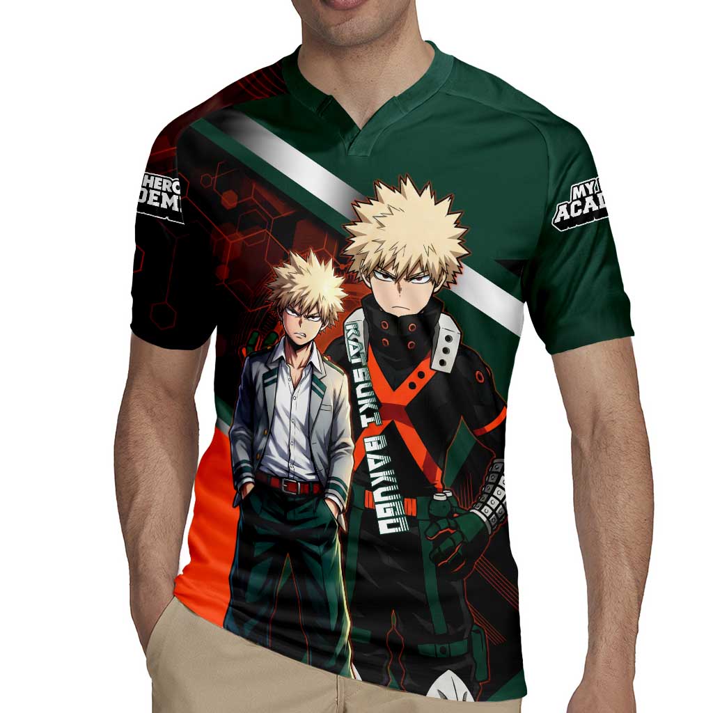 Katsuki Bakugo Rugby Jersey Explosive Anime Action Illustration with Fiery Combat Effects