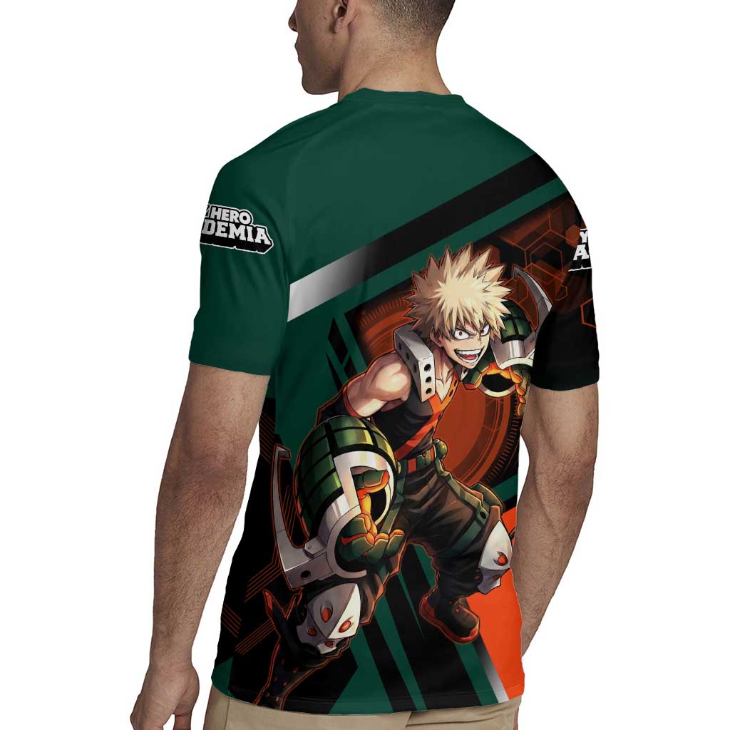 Katsuki Bakugo Rugby Jersey Explosive Anime Action Illustration with Fiery Combat Effects