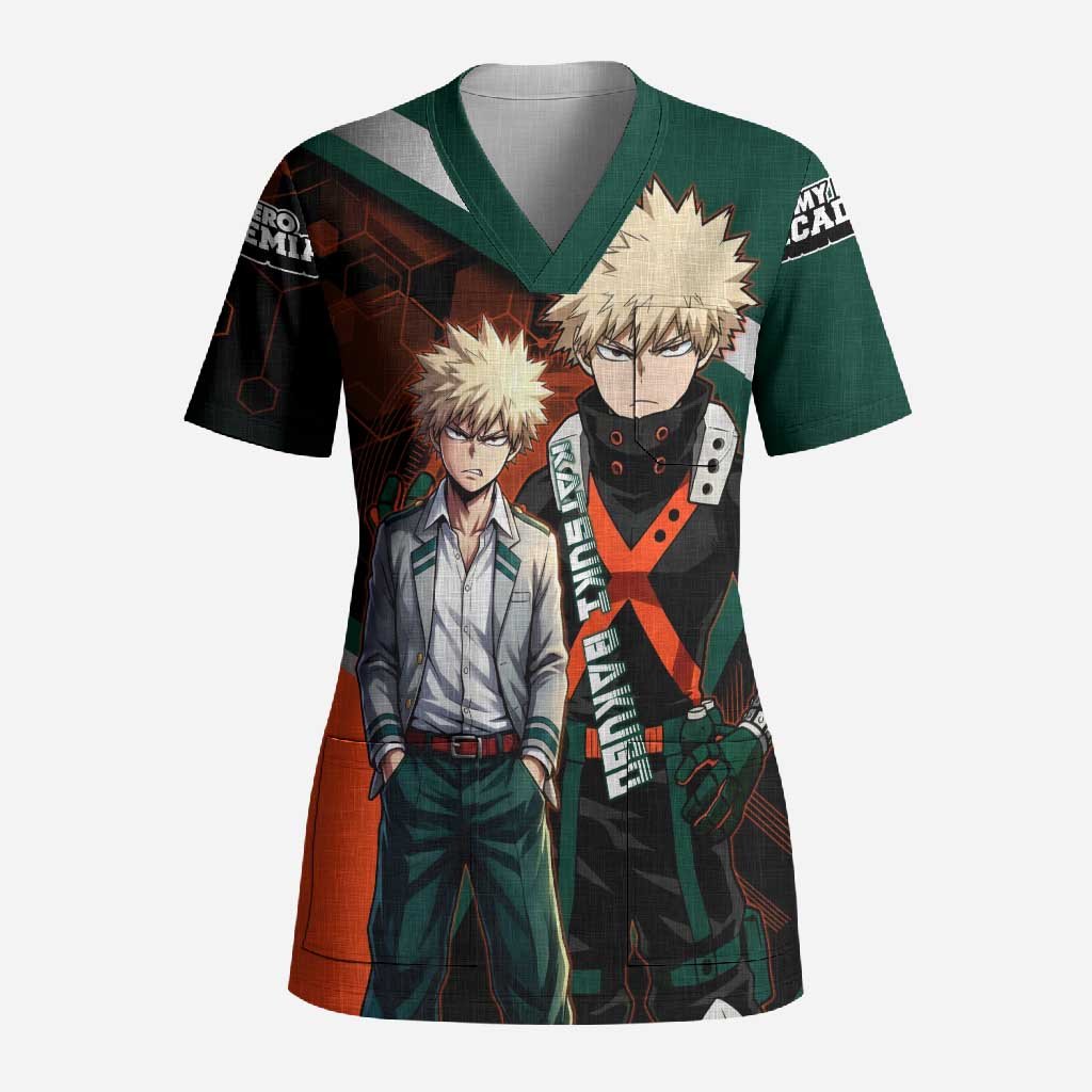 Katsuki Bakugo Scrub Top Explosive Anime Action Illustration with Fiery Combat Effects
