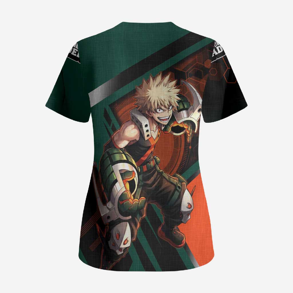 Katsuki Bakugo Scrub Top Explosive Anime Action Illustration with Fiery Combat Effects