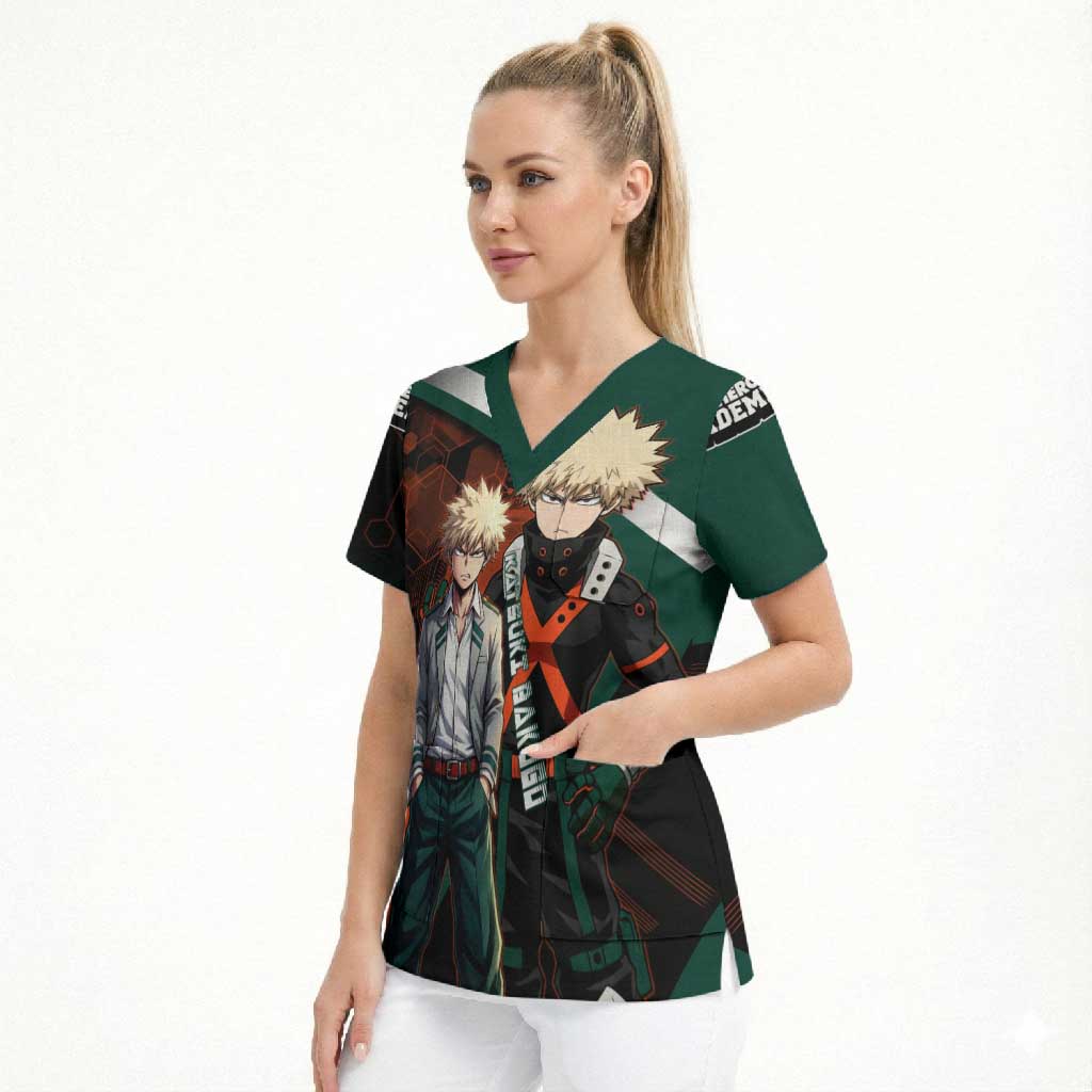 Katsuki Bakugo Scrub Top Explosive Anime Action Illustration with Fiery Combat Effects