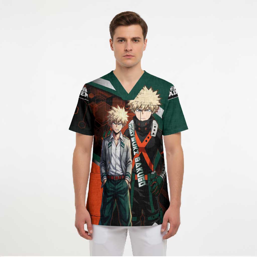 Katsuki Bakugo Scrub Top Explosive Anime Action Illustration with Fiery Combat Effects