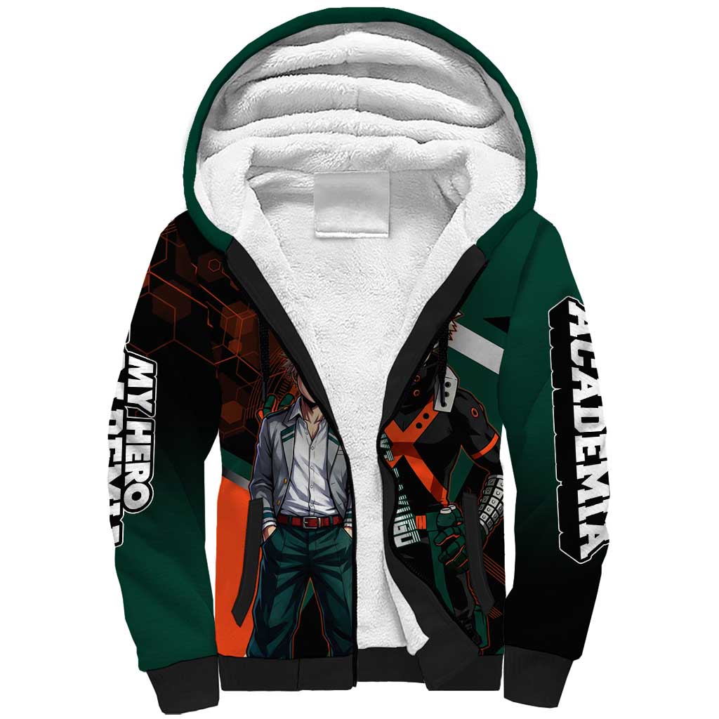 Katsuki Bakugo Sherpa Hoodie Explosive Anime Action Illustration with Fiery Combat Effects