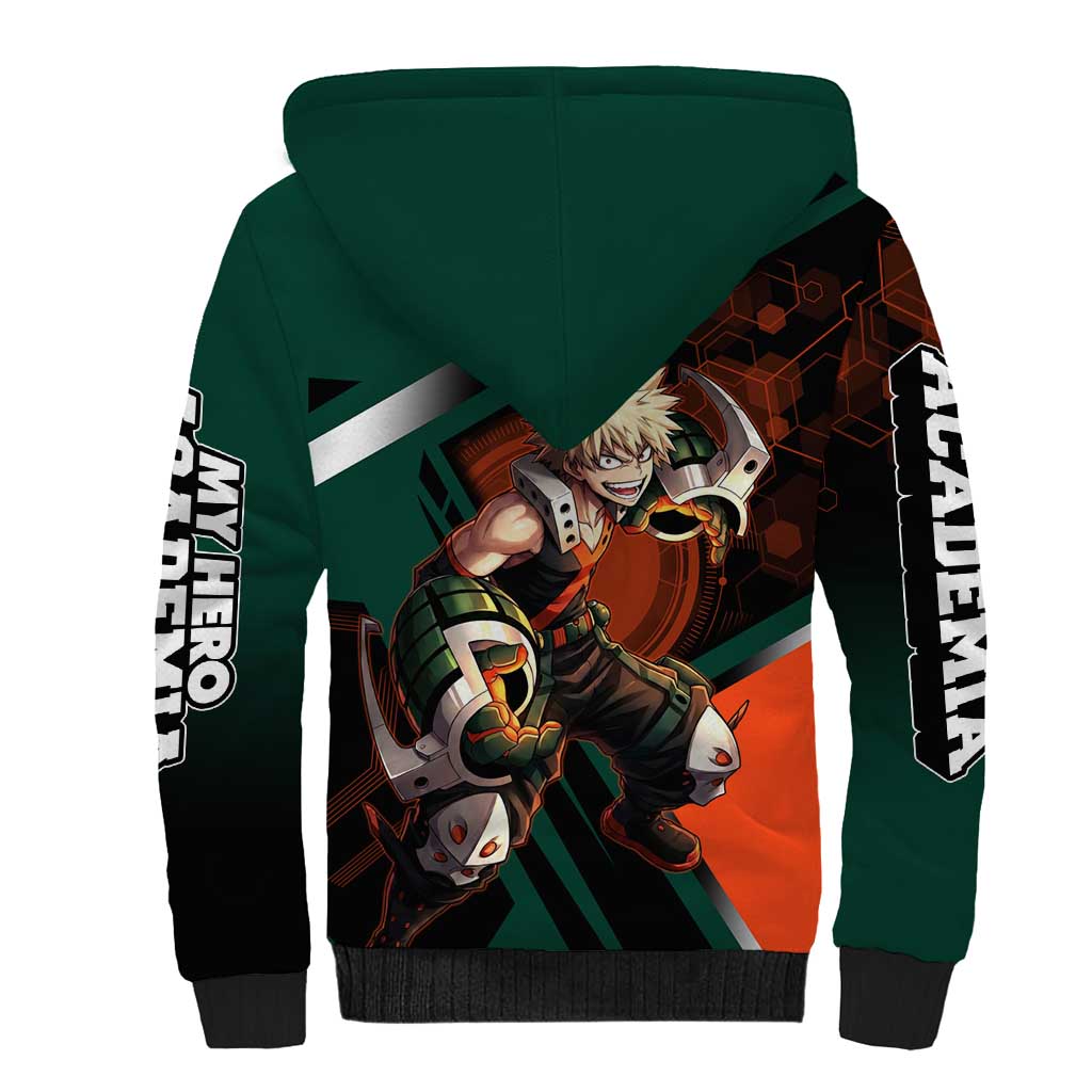 Katsuki Bakugo Sherpa Hoodie Explosive Anime Action Illustration with Fiery Combat Effects