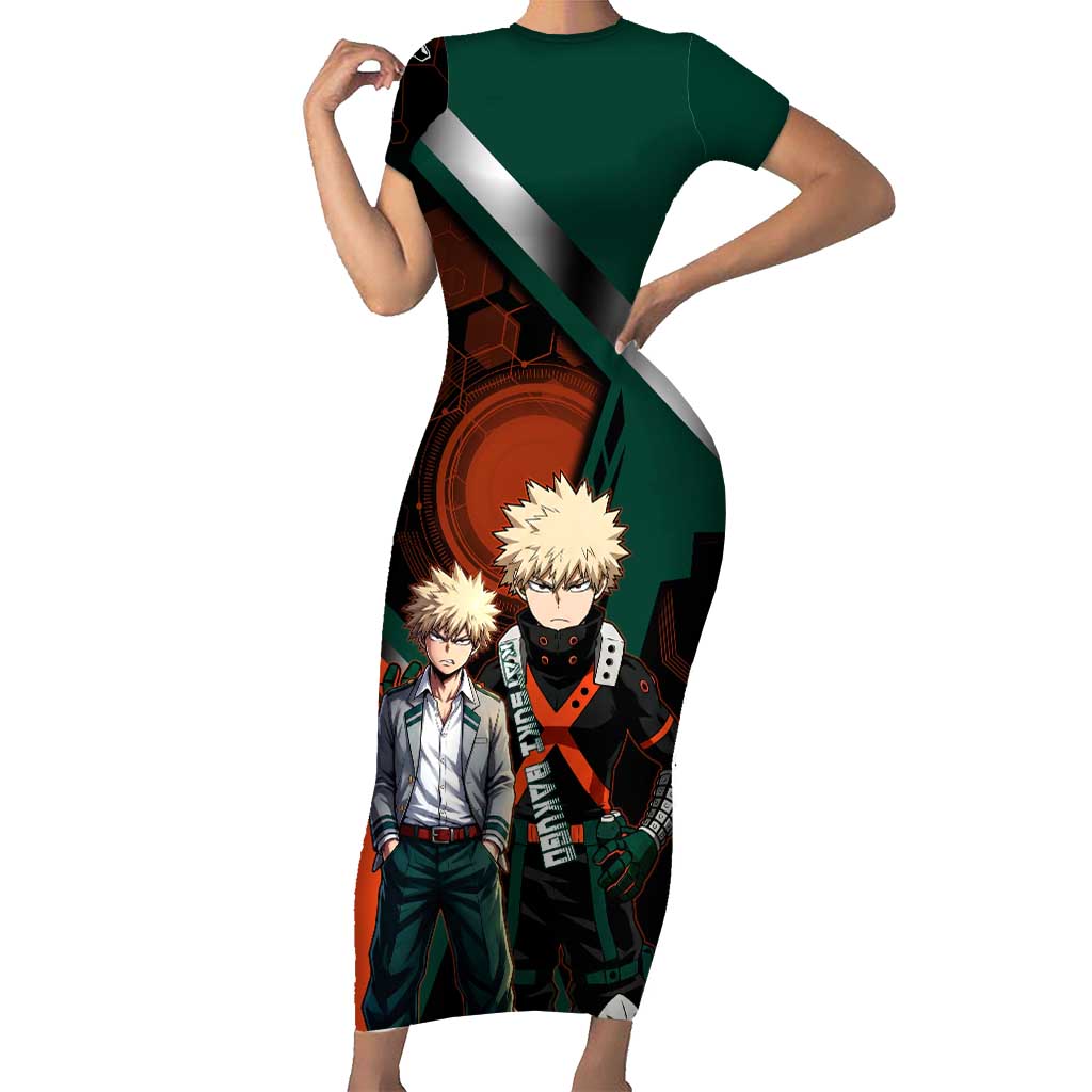 Katsuki Bakugo Short Sleeve Bodycon Dress Explosive Anime Action Illustration with Fiery Combat Effects