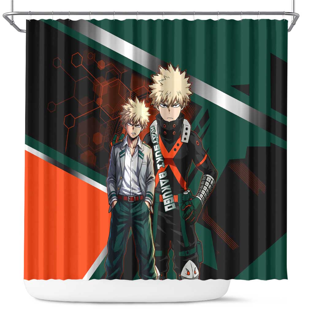 Katsuki Bakugo Shower Curtain Explosive Anime Action Illustration with Fiery Combat Effects