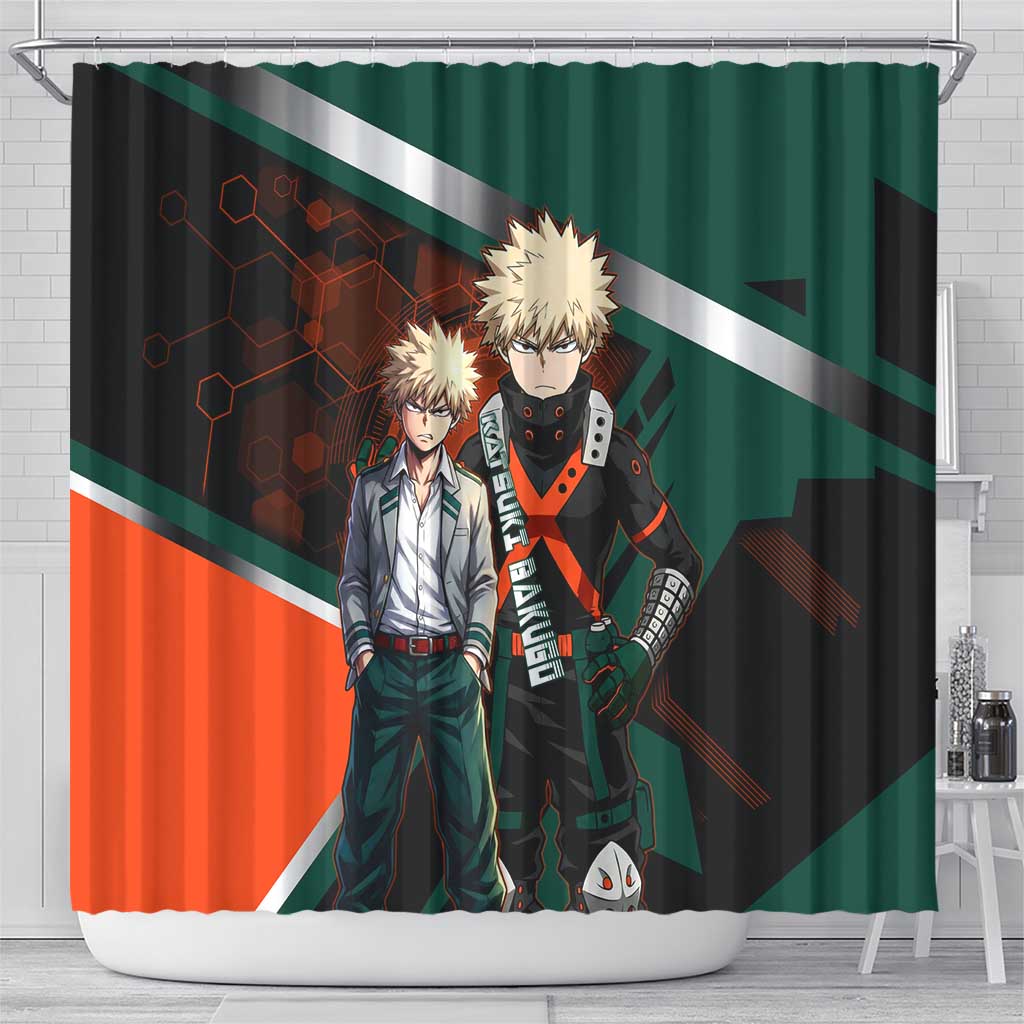 Katsuki Bakugo Shower Curtain Explosive Anime Action Illustration with Fiery Combat Effects