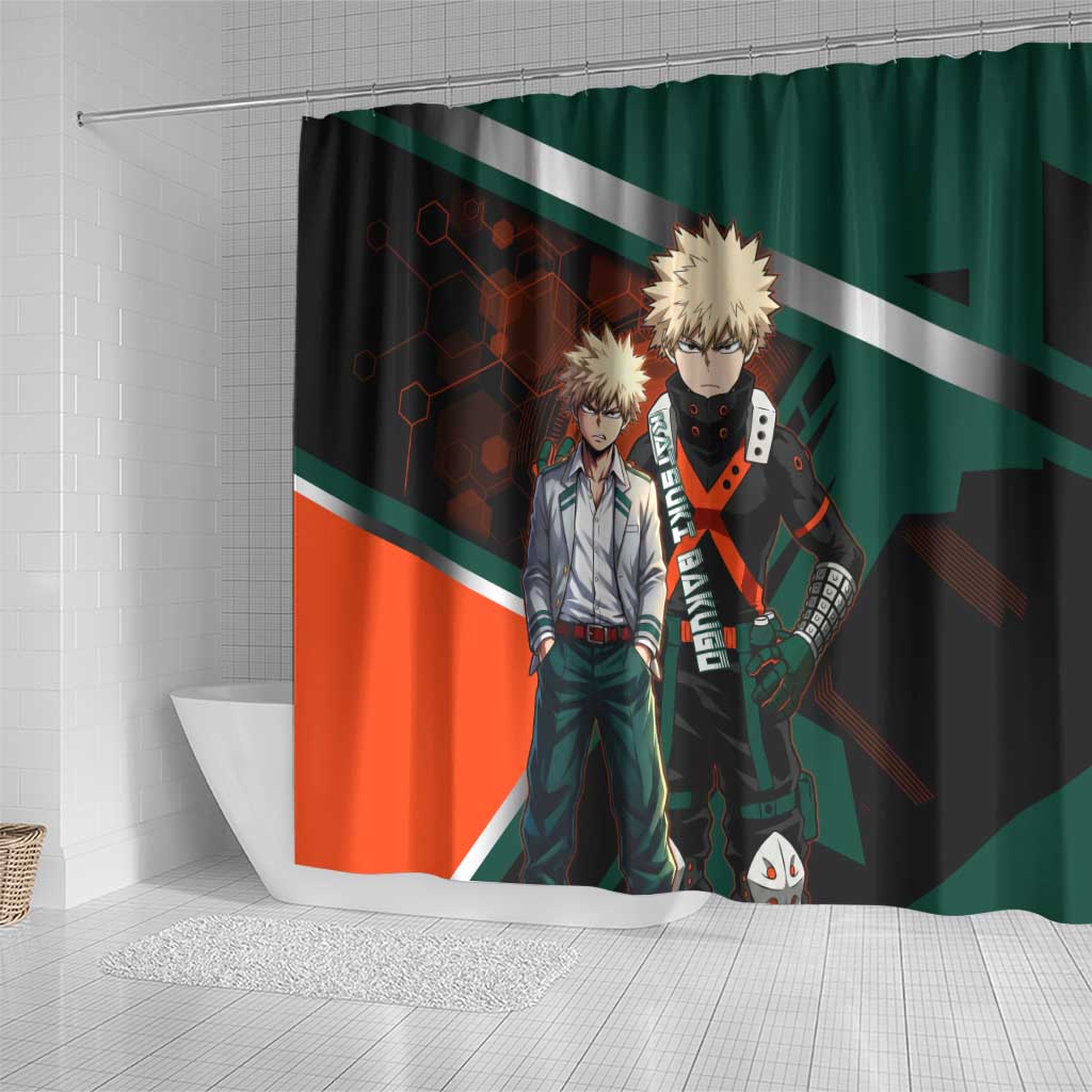 Katsuki Bakugo Shower Curtain Explosive Anime Action Illustration with Fiery Combat Effects