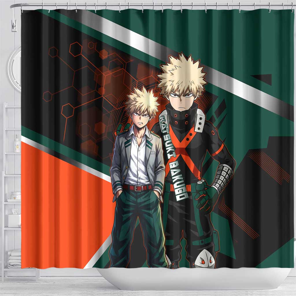 Katsuki Bakugo Shower Curtain Explosive Anime Action Illustration with Fiery Combat Effects