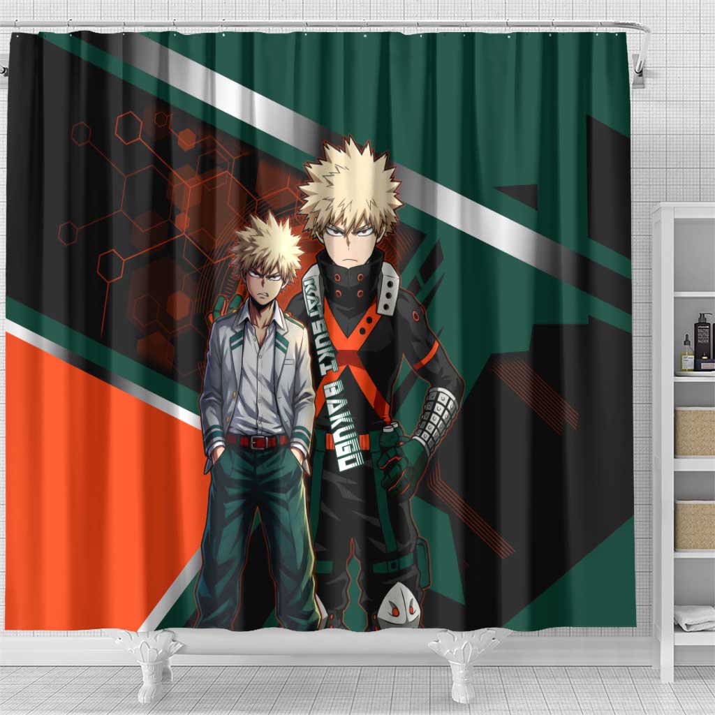 Katsuki Bakugo Shower Curtain Explosive Anime Action Illustration with Fiery Combat Effects