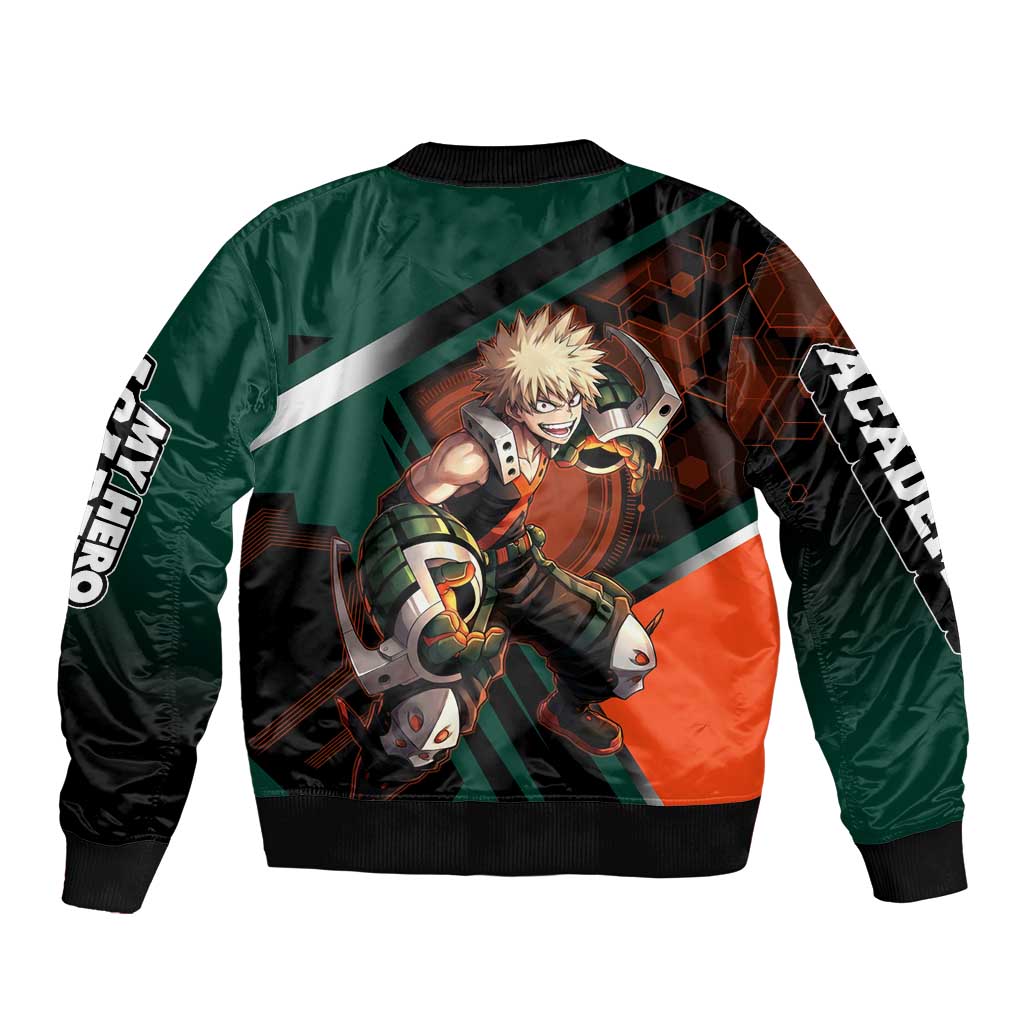 Katsuki Bakugo Sleeve Zip Bomber Jacket Explosive Anime Action Illustration with Fiery Combat Effects