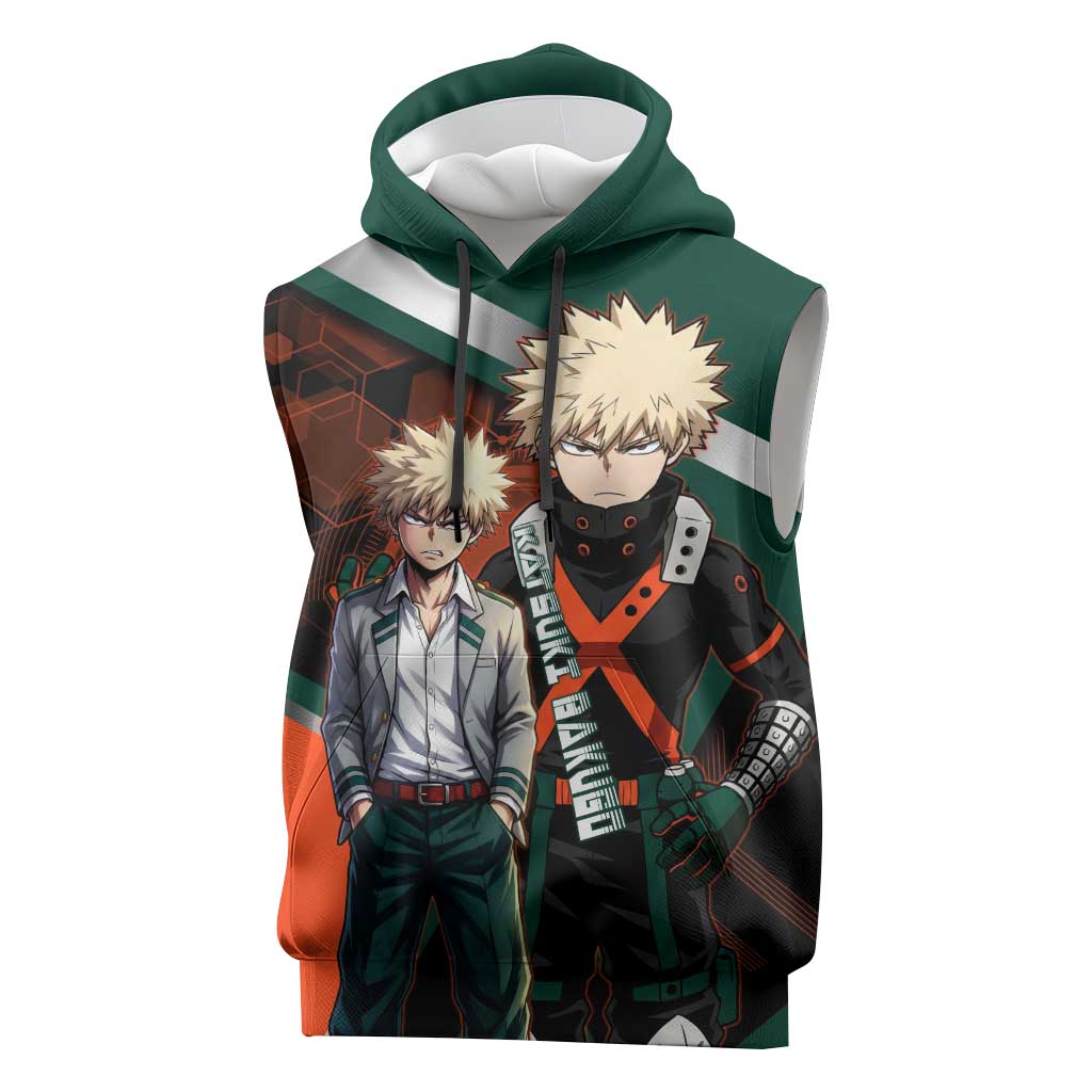 Katsuki Bakugo Sleeveless Hoodie Explosive Anime Action Illustration with Fiery Combat Effects