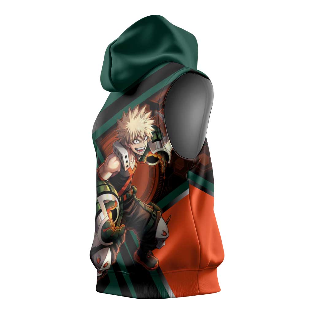 Katsuki Bakugo Sleeveless Hoodie Explosive Anime Action Illustration with Fiery Combat Effects