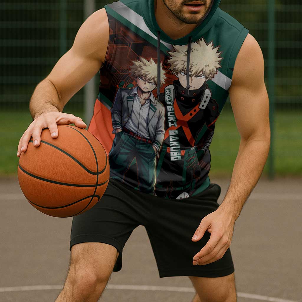 Katsuki Bakugo Sleeveless Hoodie Explosive Anime Action Illustration with Fiery Combat Effects