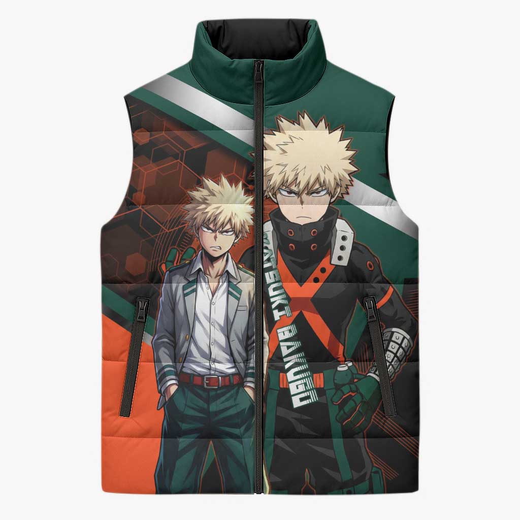Katsuki Bakugo Sleeveless Puffer Jacket Explosive Anime Action Illustration with Fiery Combat Effects