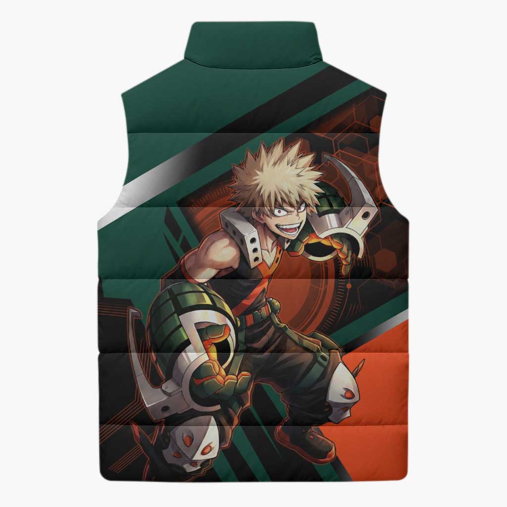 Katsuki Bakugo Sleeveless Puffer Jacket Explosive Anime Action Illustration with Fiery Combat Effects