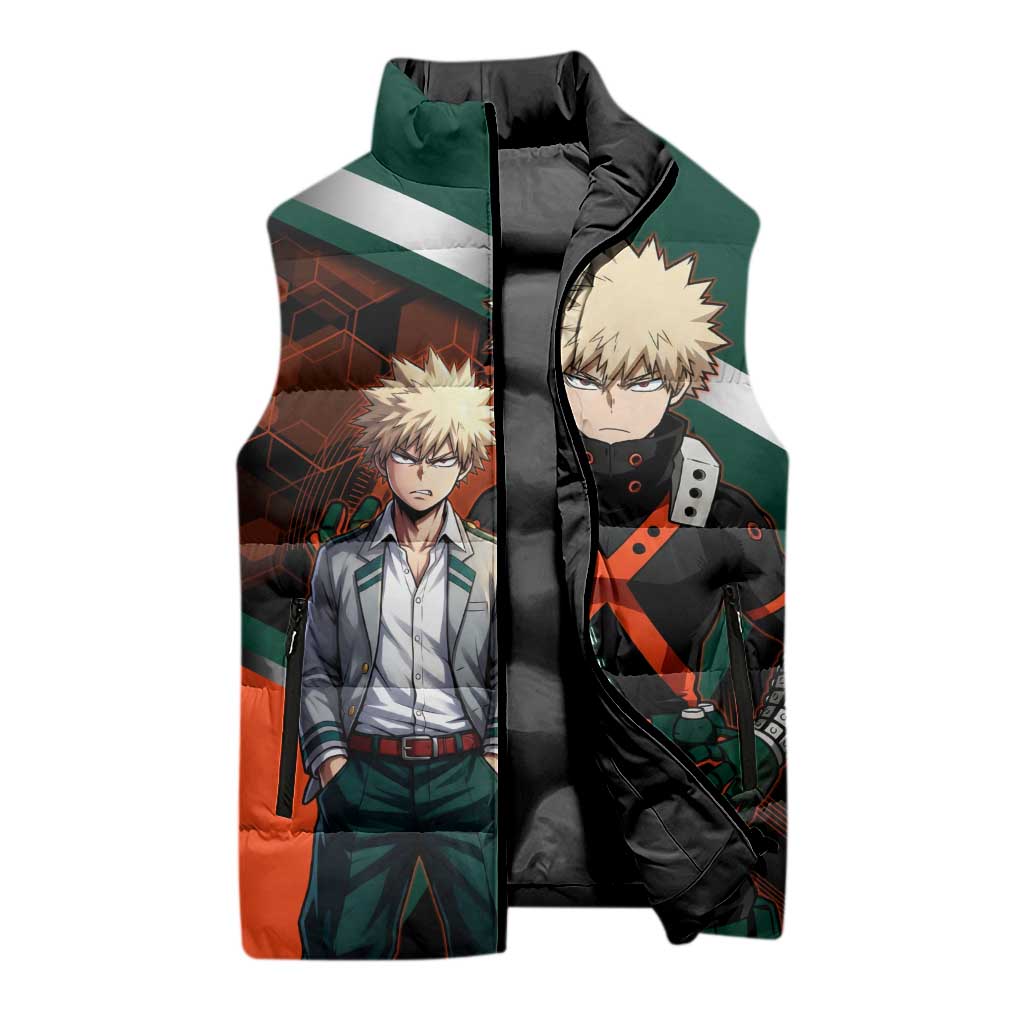 Katsuki Bakugo Sleeveless Puffer Jacket Explosive Anime Action Illustration with Fiery Combat Effects