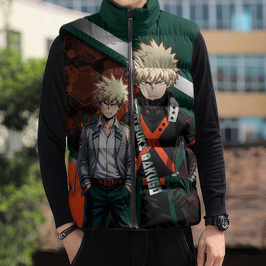 Katsuki Bakugo Sleeveless Puffer Jacket Explosive Anime Action Illustration with Fiery Combat Effects