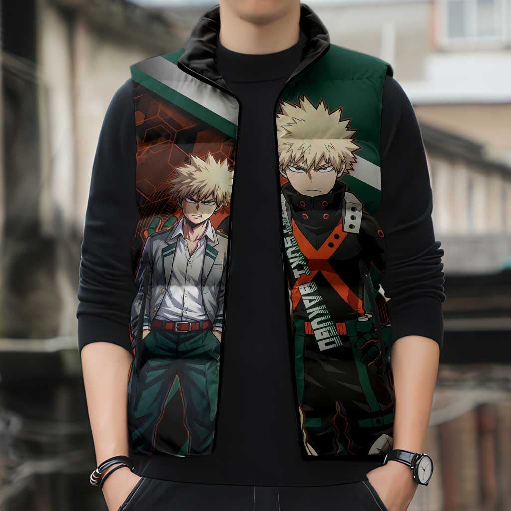 Katsuki Bakugo Sleeveless Puffer Jacket Explosive Anime Action Illustration with Fiery Combat Effects