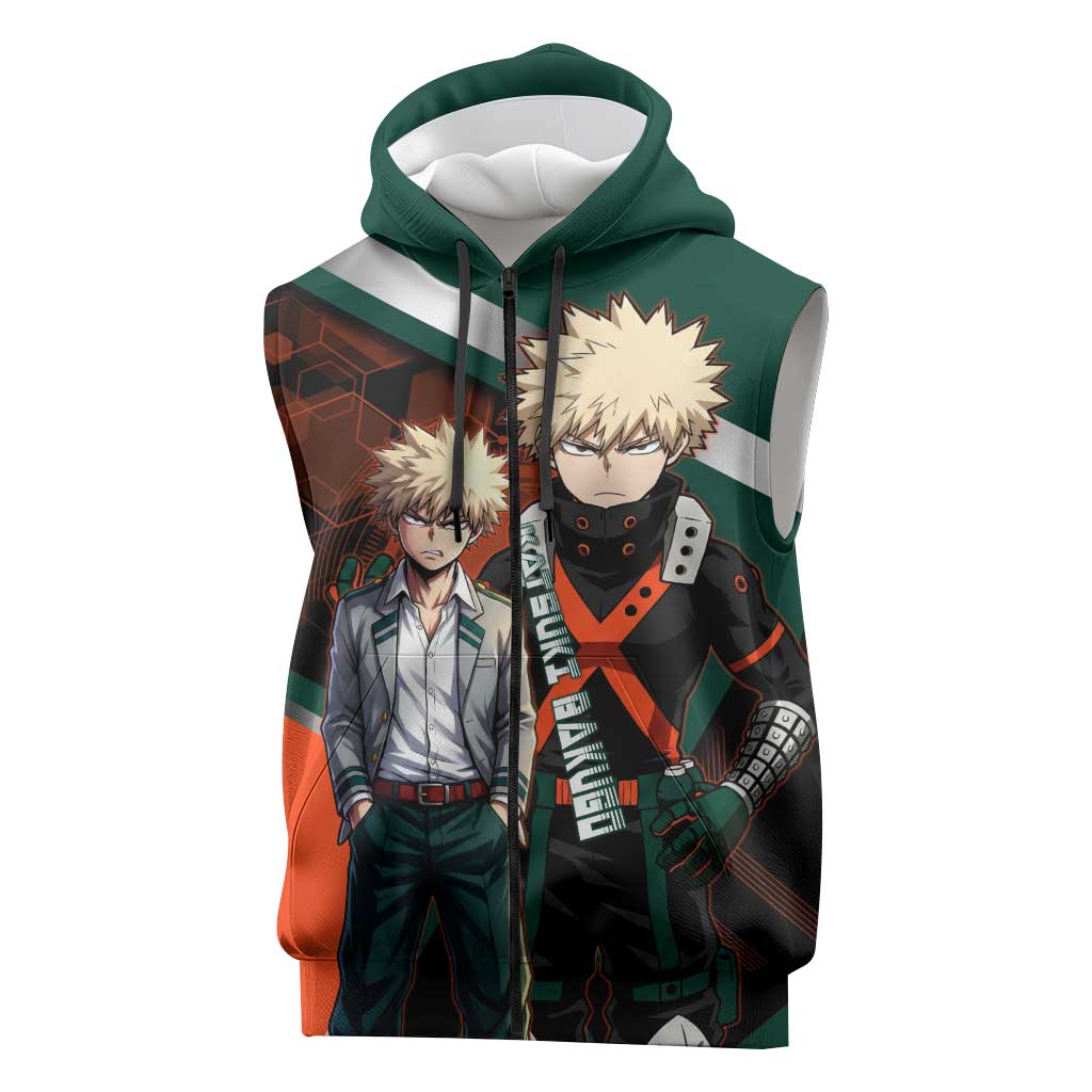Katsuki Bakugo Sleeveless Zip Hoodie Explosive Anime Action Illustration with Fiery Combat Effects