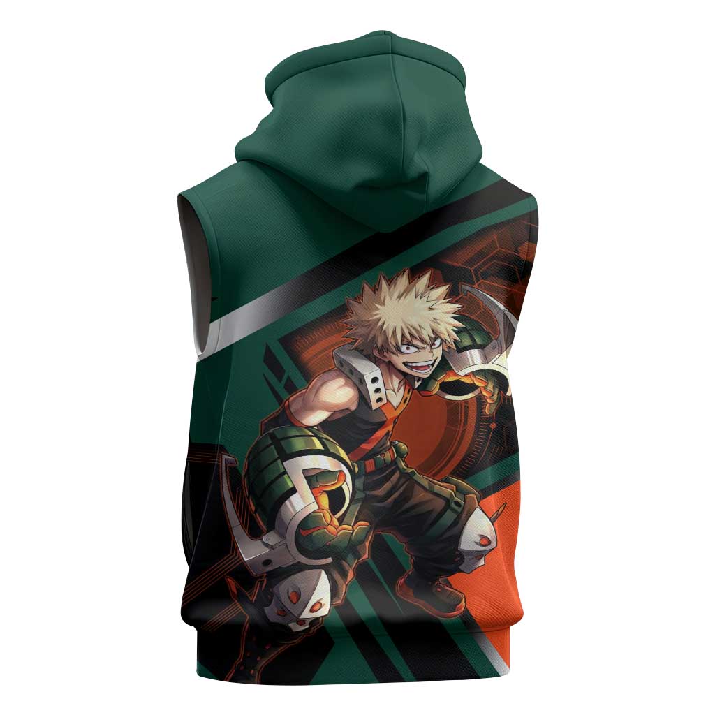 Katsuki Bakugo Sleeveless Zip Hoodie Explosive Anime Action Illustration with Fiery Combat Effects