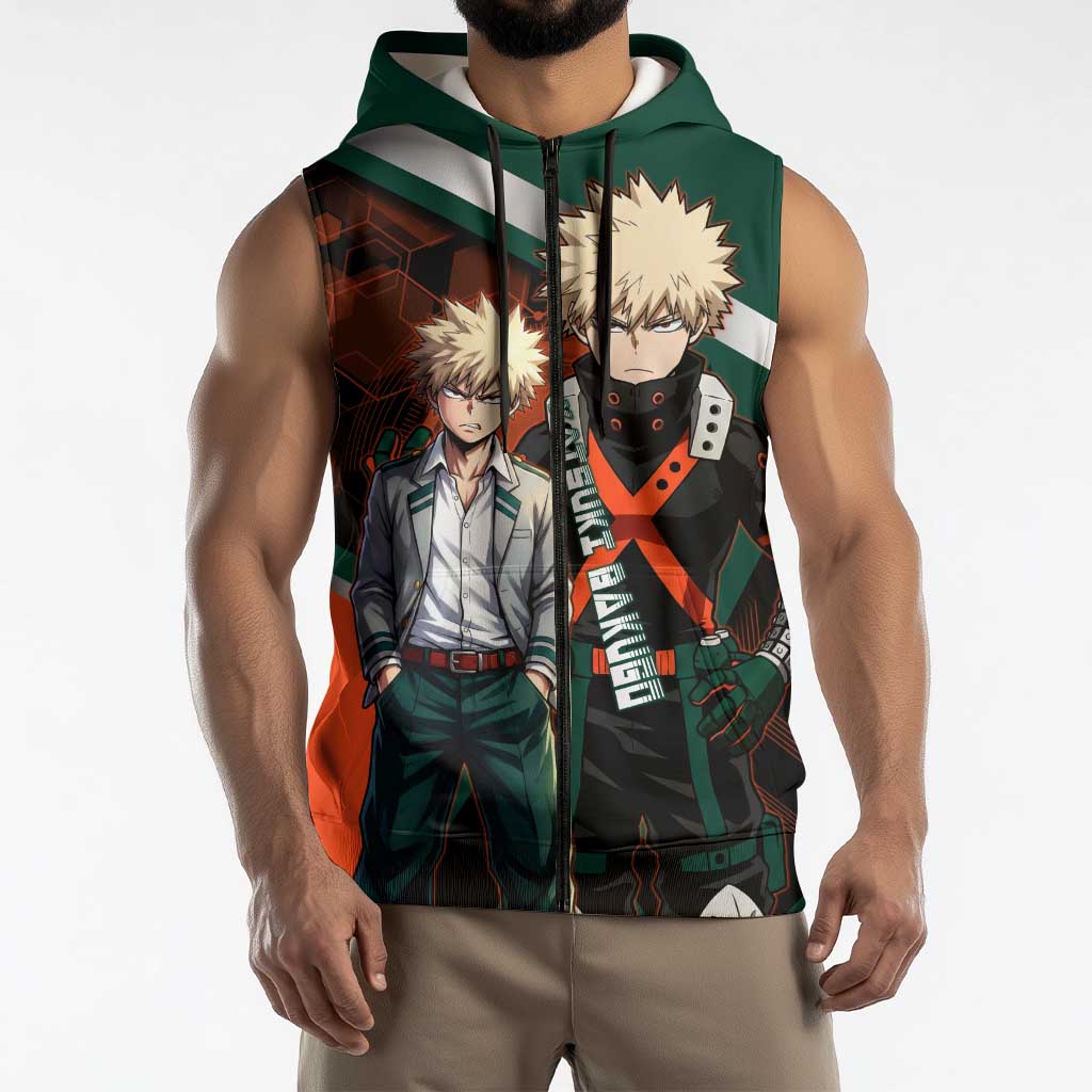 Katsuki Bakugo Sleeveless Zip Hoodie Explosive Anime Action Illustration with Fiery Combat Effects