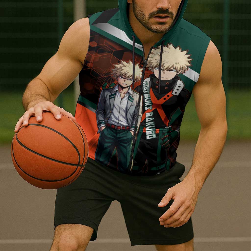 Katsuki Bakugo Sleeveless Zip Hoodie Explosive Anime Action Illustration with Fiery Combat Effects