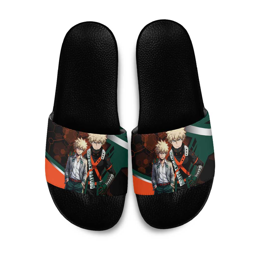 Katsuki Bakugo Slide Sandals Explosive Anime Action Illustration with Fiery Combat Effects